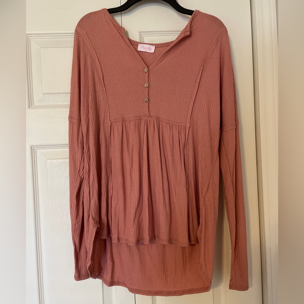 Pink Lily Coral Long Sleeve Top w/ Button Detail